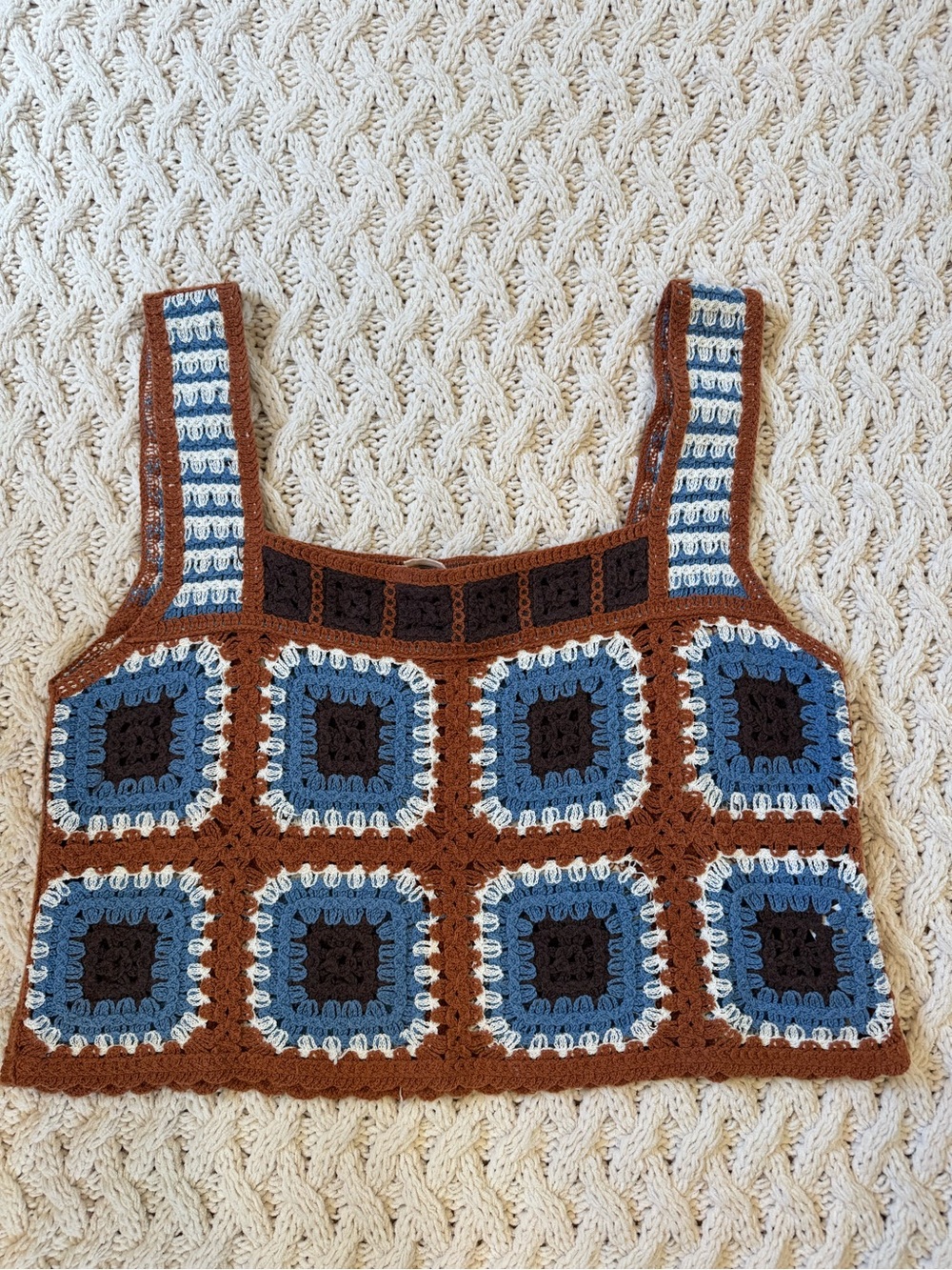 Crocheted Square Tank in Brown, Blue & Cream - Picture 2 of 4